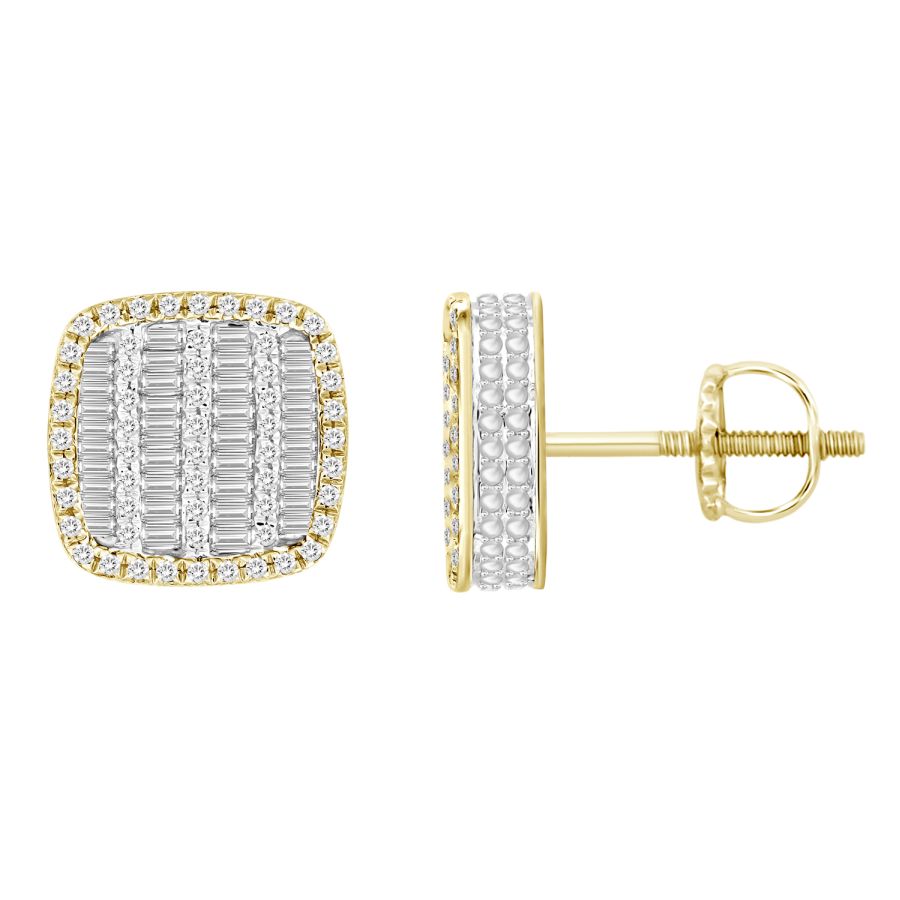 MEN'S STUD EARRINGS 0.75CT ROUND/BAGUETTE DIAMOND 14K YELLOW GOLD