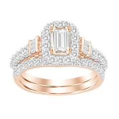 LADIES BRIDAL SET CENTER-0.30CT 1.10CT ROUND/BAGUETTE/EMERALD DIAMOND 14K ROSE GOLD