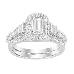 LADIES BRIDAL SET 1.10CT ROUND/BAGUETTE DIAMOND 14K WHITE GOLD (SI QUALITY) (CENTER STONE 0.33CT EMERALD DIAMOND)