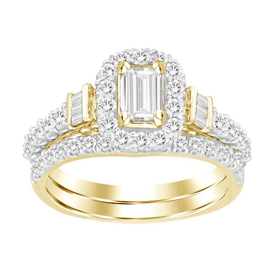 LADIES BRIDAL SET CENTER-0.30CT 1.10CT ROUND/BAGUETTE/EMERALD DIAMOND 14K YELLOW GOLD