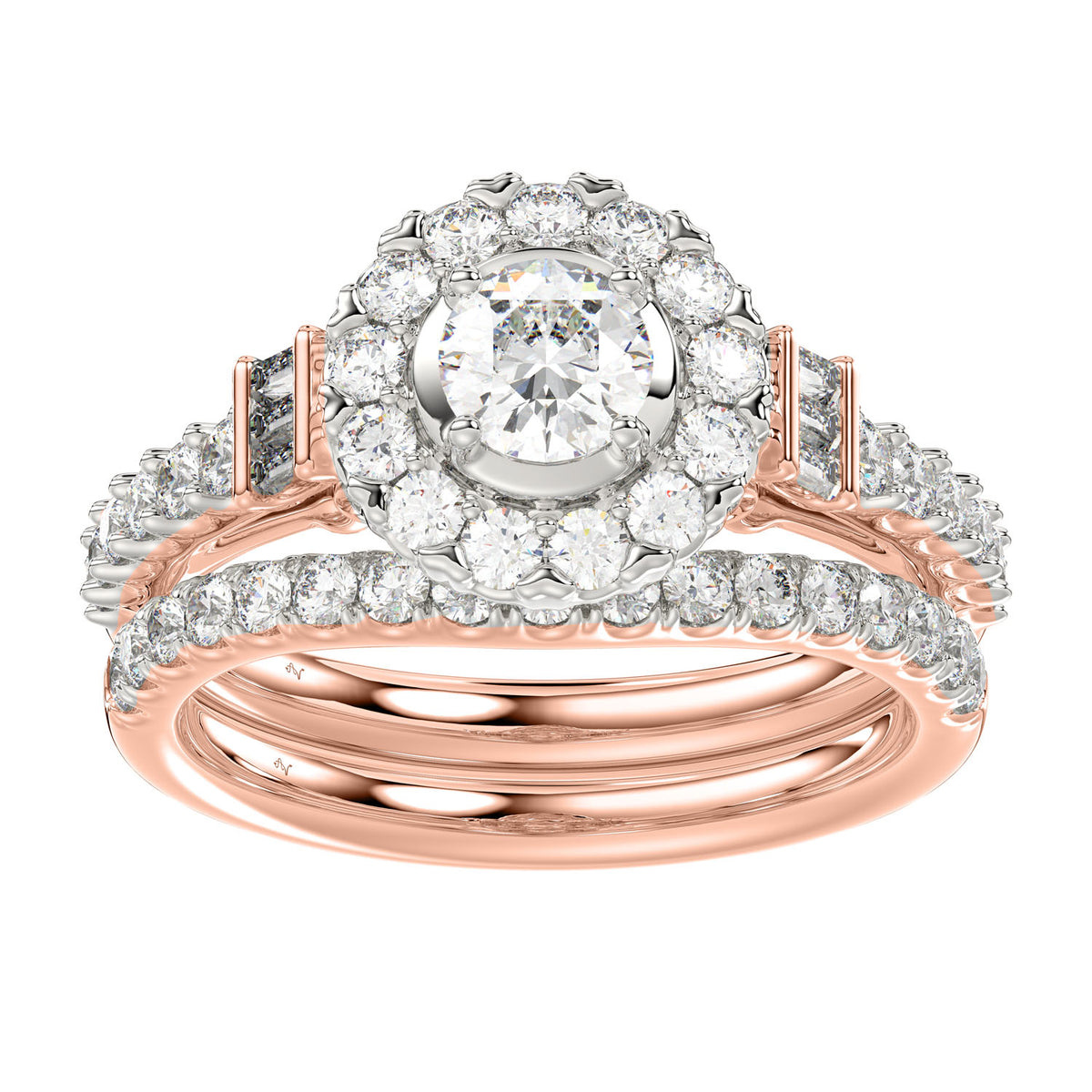 LADIES BRIDAL SET 1.50CT ROUND/BAGUETTE DIAMOND 14K ROSE GOLD (CENTER STONE 0.50 CT ROUND DIAMOND)