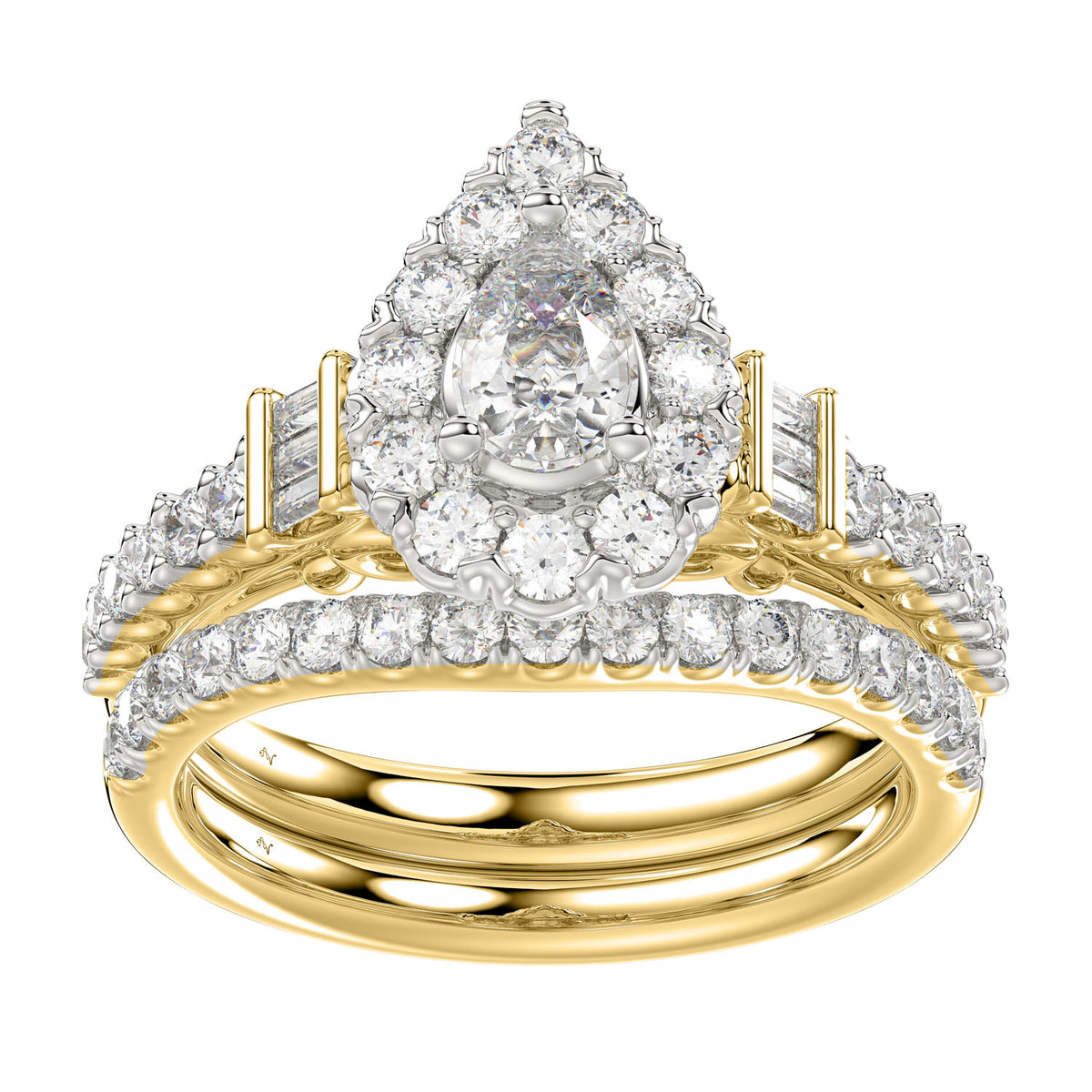 LADIES BRIDAL SET 1.50CT ROUND/BAGUETTE/PEAR DIAMOND 14K YELLOW GOLD