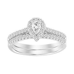 LADIES BRIDAL SET 0.50CT ROUND/PEAR DIAMOND 14K WHITE GOLD