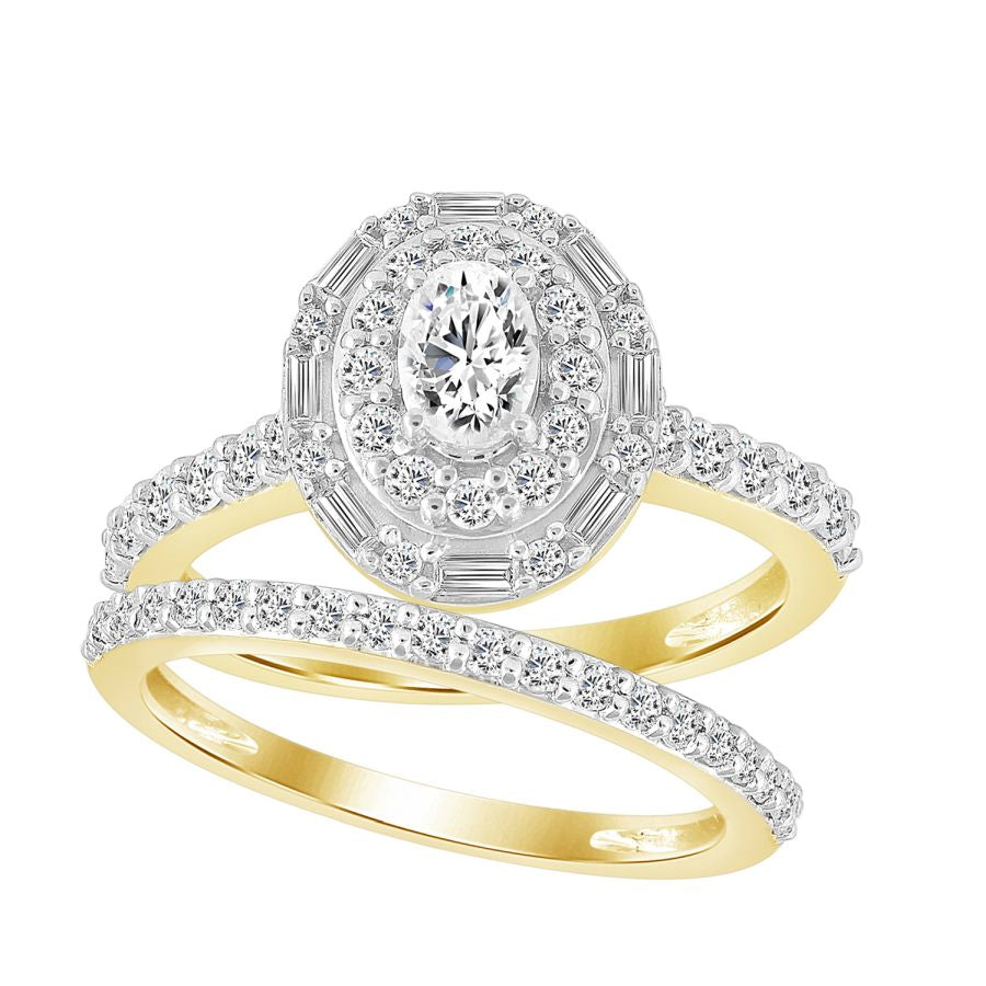 LADIES BRIDAL SET 1.25CT ROUND/BAGUETTE DIAMOND 14K YELLOW GOLD (CENTER STONE 0.33CT OVAL DIAMOND)