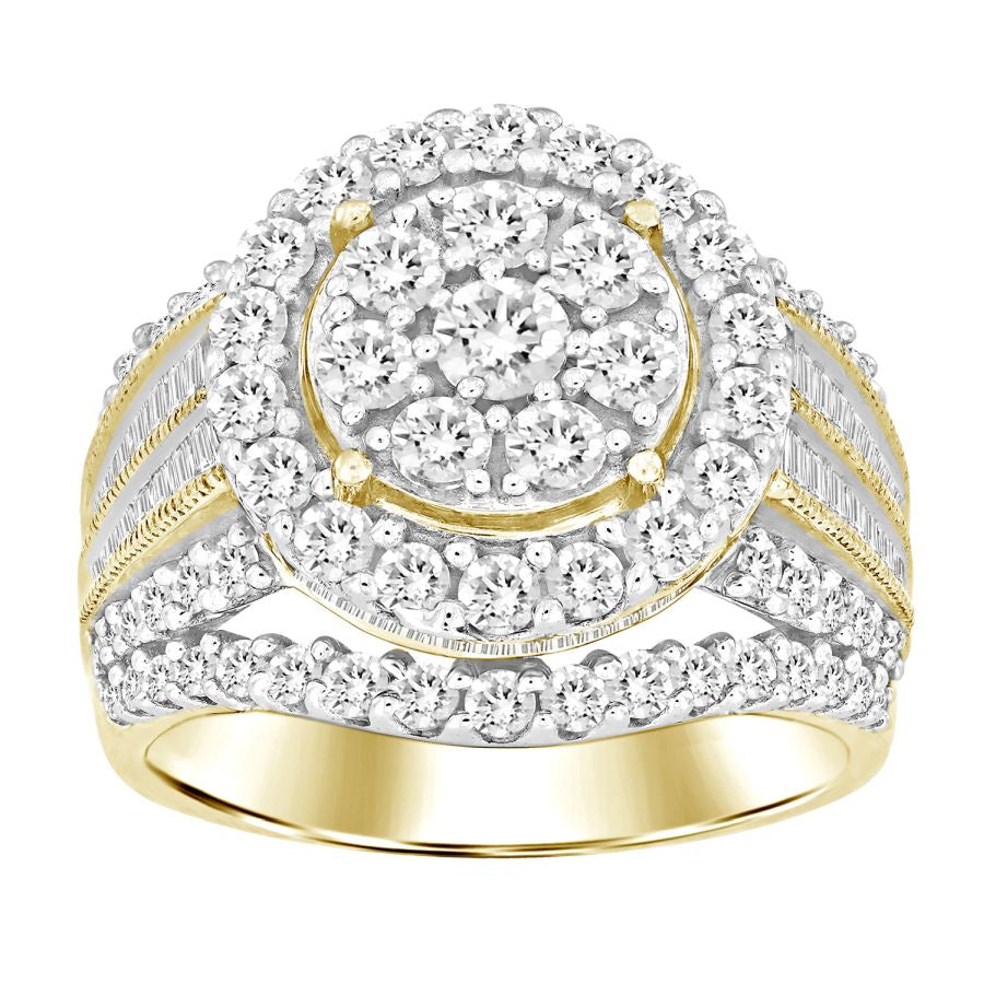 LADIES FASHION RING 2.00CT ROUND/BAGUETTE DIAMOND 10K YELLOW GOLD