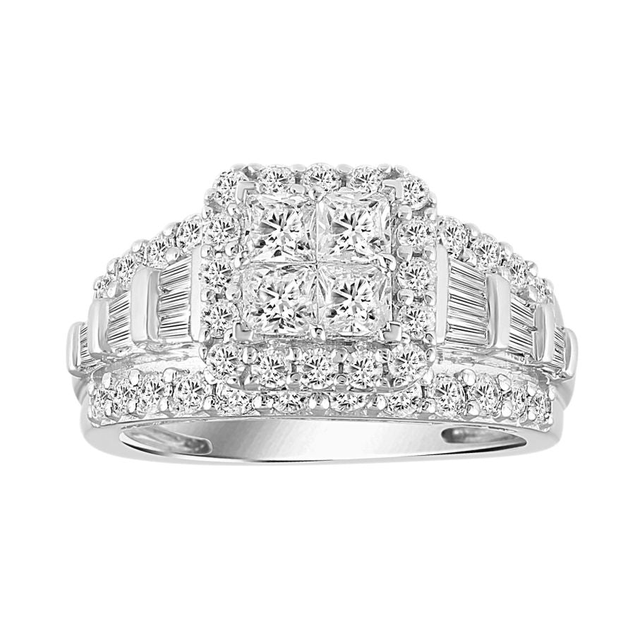 LADIES RING 3.00CT ROUND/PRINCESS/BAGUETTE DIAMOND 10K WHITE GOLD