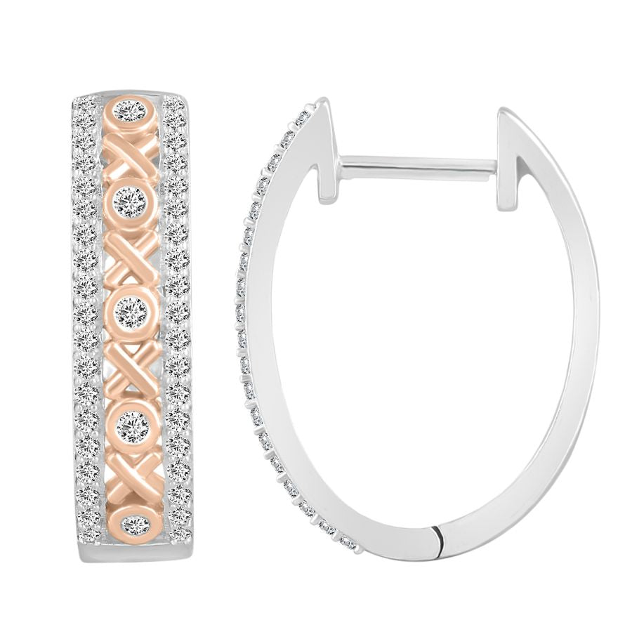 LADIES HOOP EARRINGS 0.50CT ROUND DIAMOND 10K WHITE/ROSE GOLD