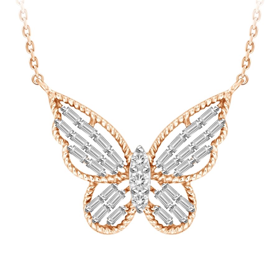 LADIES NECKLACE 0.25CT ROUND/BAGUETTE DIAMOND 10K ROSE GOLD