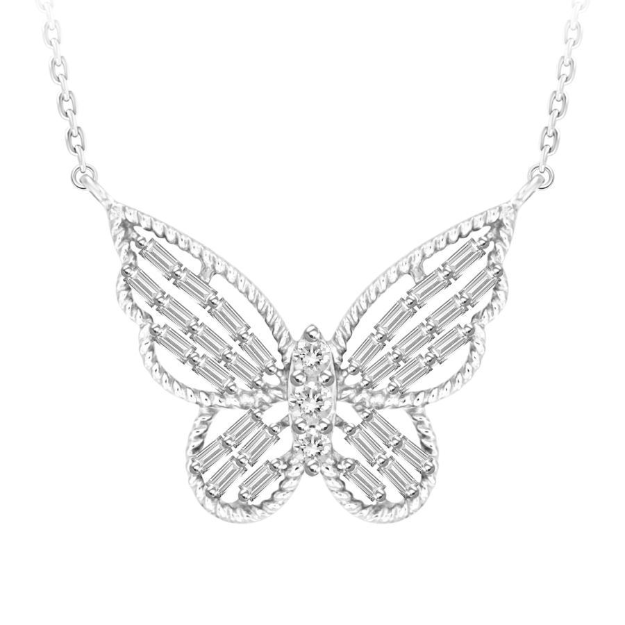 LADIES NECKLACE 0.25CT ROUND/BAGUETTE DIAMOND 10K WHITE GOLD