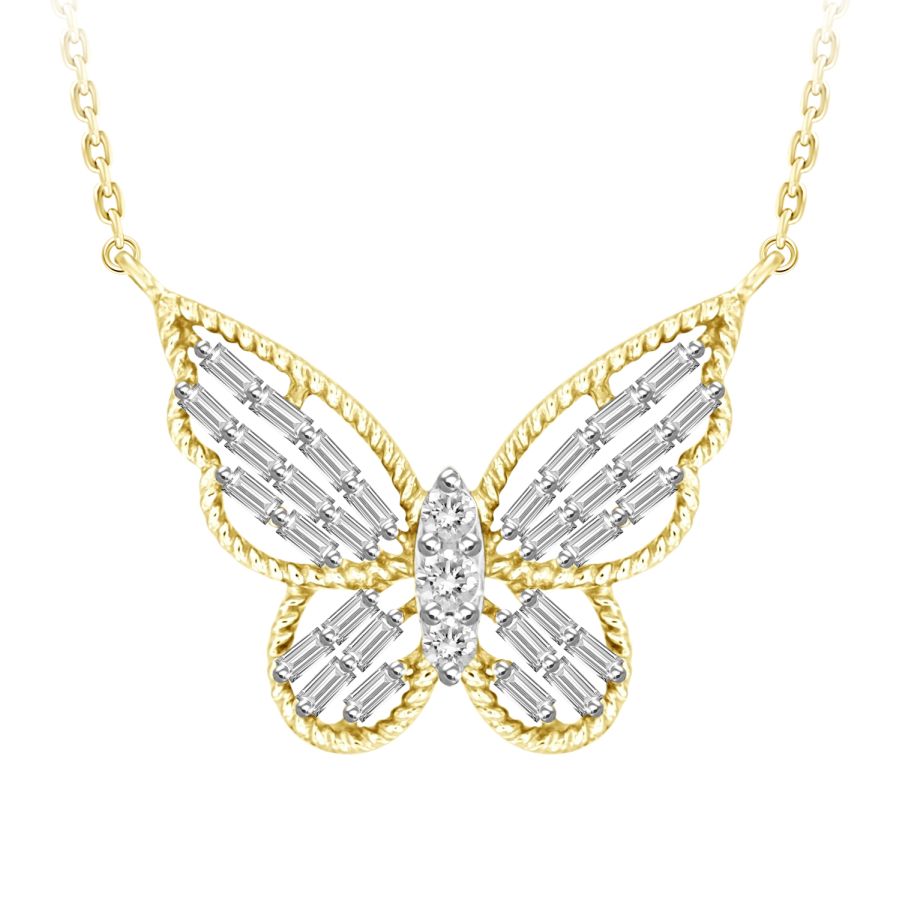 LADIES NECKLACE 0.25CT ROUND/BAGUETTE DIAMOND 10K YELLOW GOLD