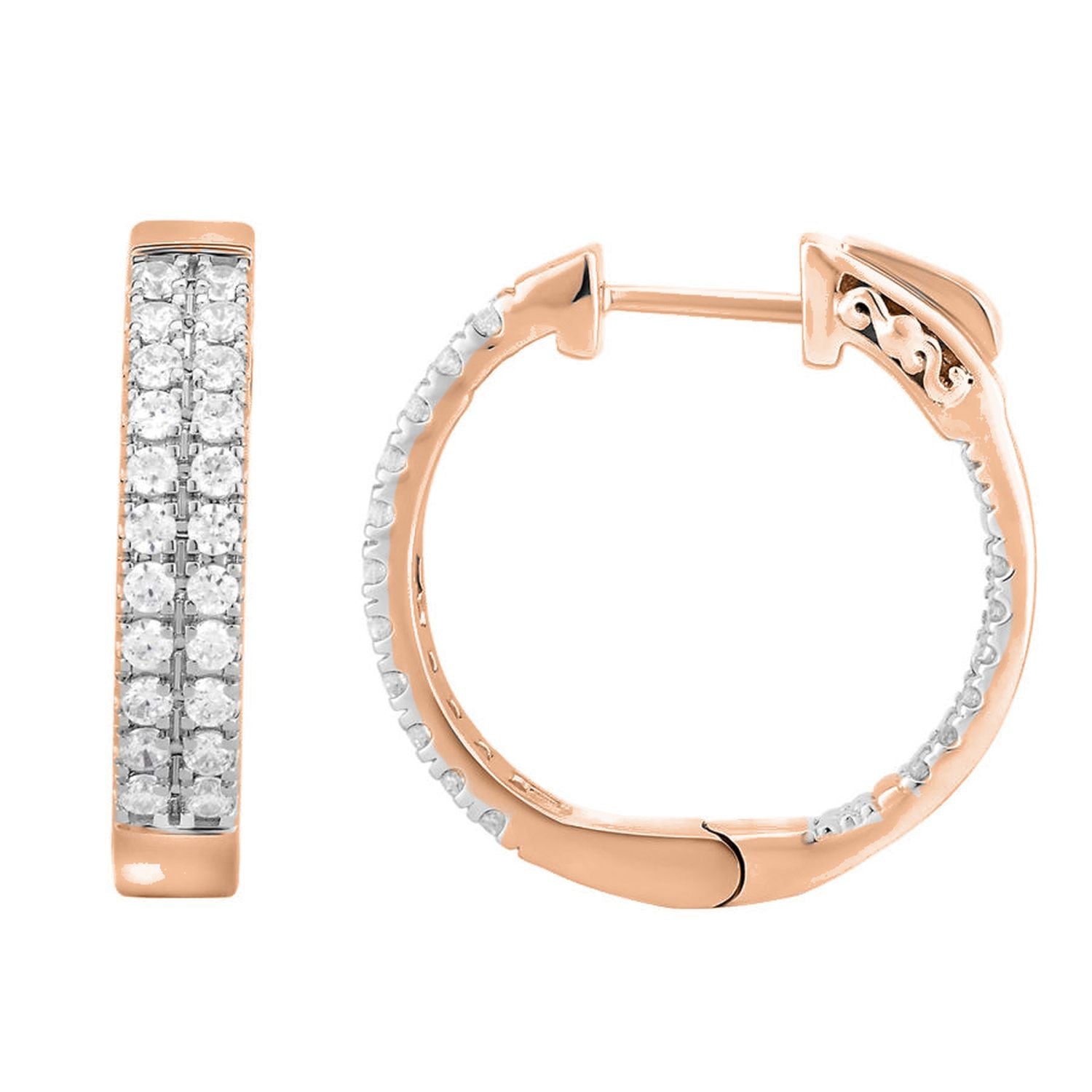 LADIES IN/OUT HOOP EARRINGS 1.00CT ROUND DIAMOND 10K ROSE GOLD