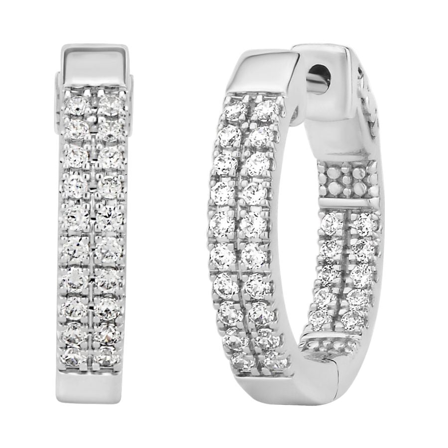 LADIES IN/OUT HOOP EARRINGS 1.00CT ROUND DIAMOND 10K WHITE GOLD