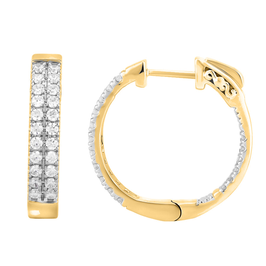 LADIES IN/OUT HOOP EARRINGS 1.00CT ROUND DIAMOND 10K YELLOW GOLD