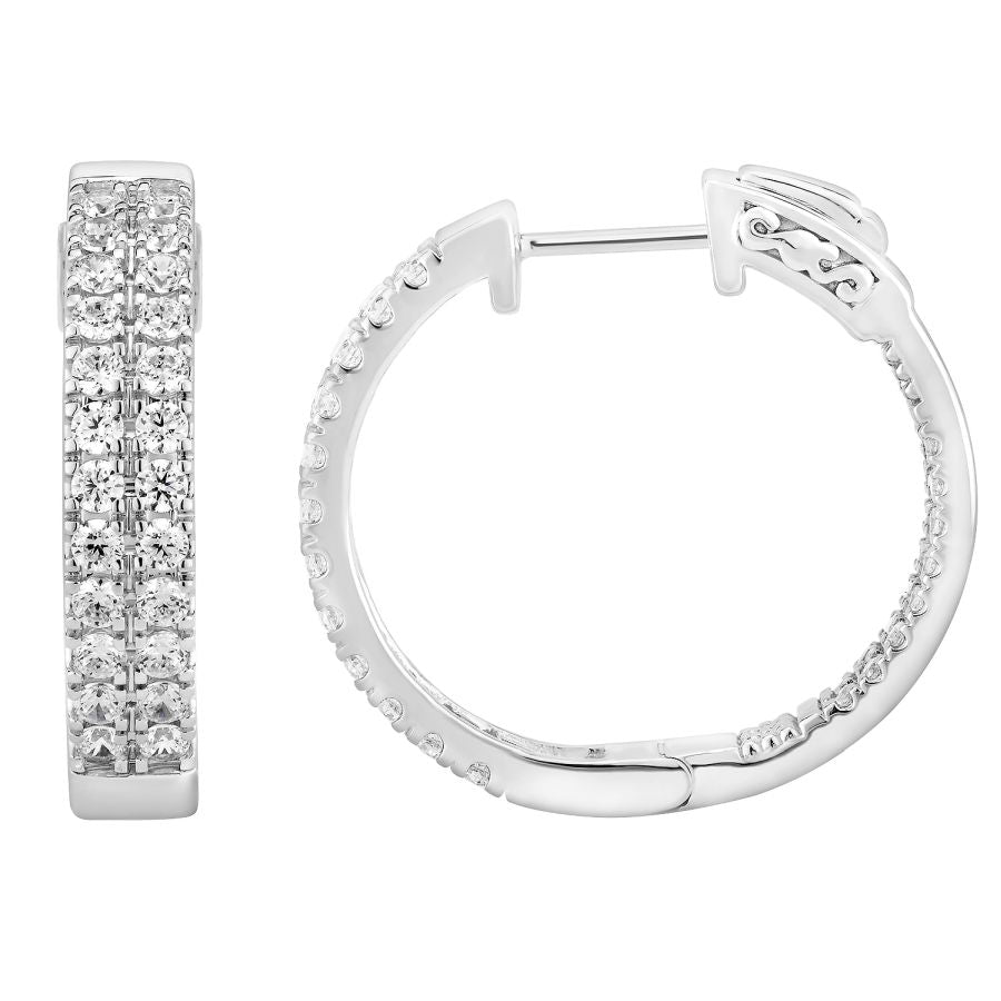 LADIES IN/OUT HOOP EARRINGS 2.00CT ROUND DIAMOND 10K WHITE GOLD