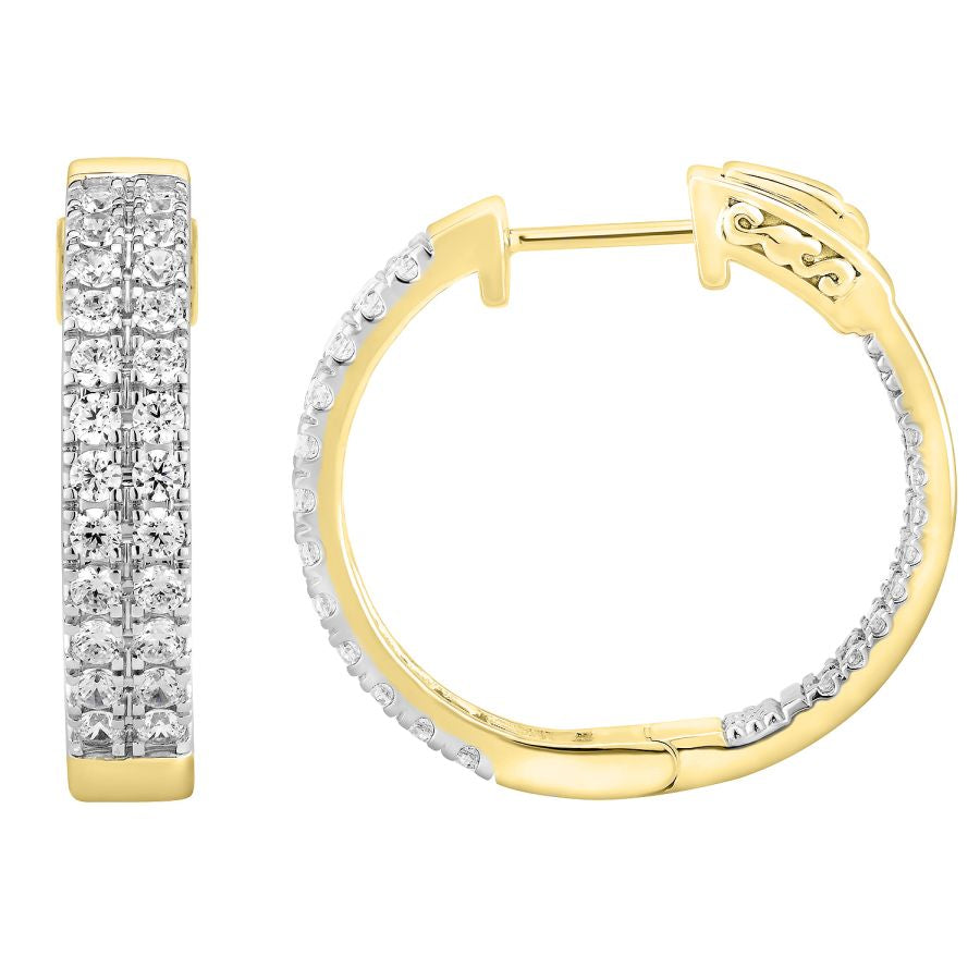 LADIES IN/OUT HOOP EARRINGS 2.00CT ROUND DIAMOND 10K YELLOW GOLD