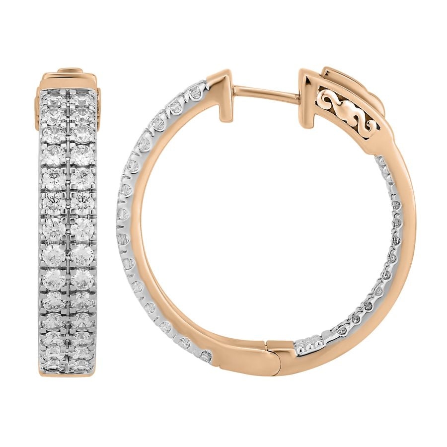 LADIES IN/OUT HOOP EARRINGS 3.00CT ROUND DIAMOND 10K ROSE GOLD