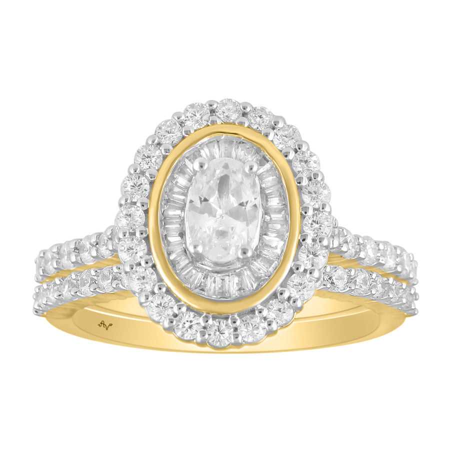 LADIES BRIDAL SET 0.90CT ROUND/BAGUETTE DIAMOND 14K YELLOW GOLD (CENTER STONE 0.33CT OVAL DIAMOND)