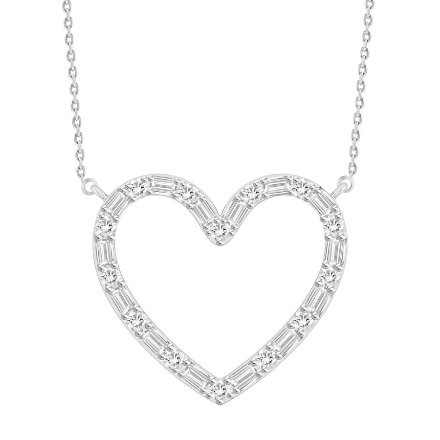 LADIES NECKLACE 0.10CT ROUND/BAGUETTE DIAMOND 10K WHITE GOLD