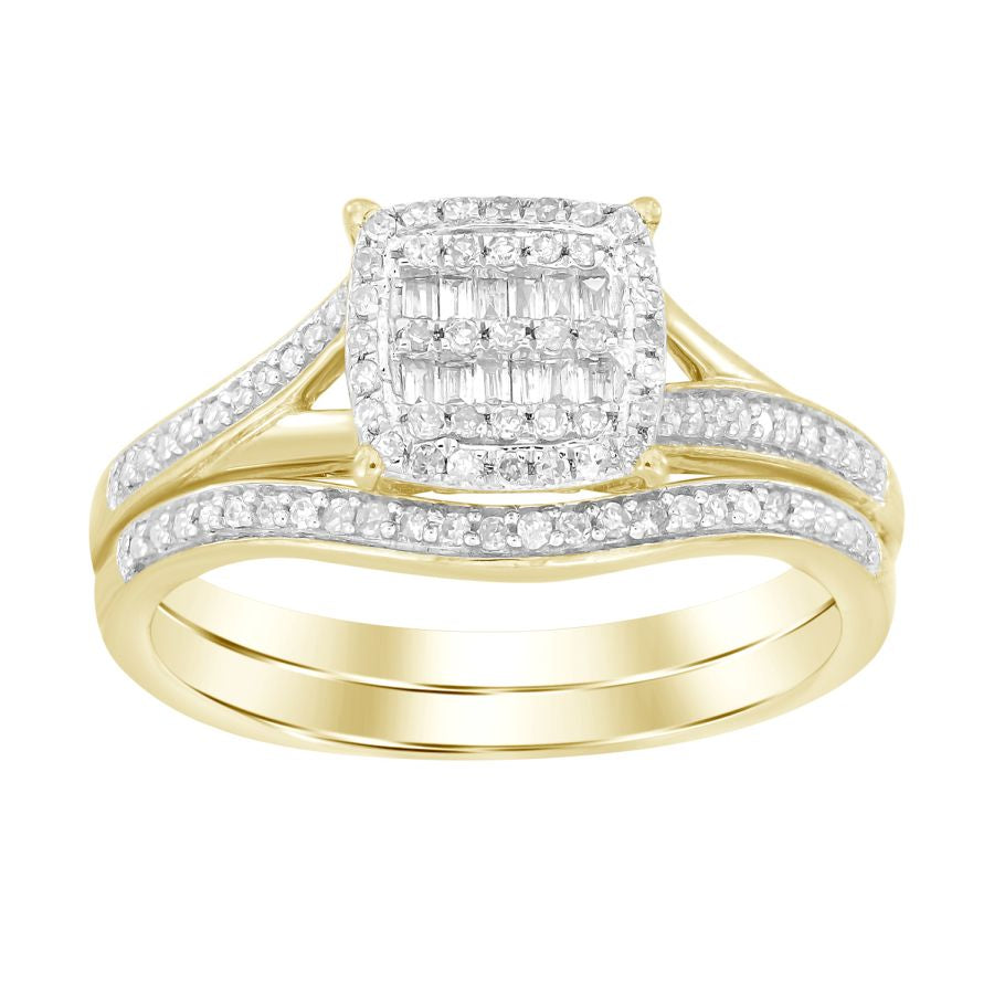 LADIES BRIDAL SET 0.25CT ROUND/BAGUETTE DIAMOND 10K YELLOW GOLD