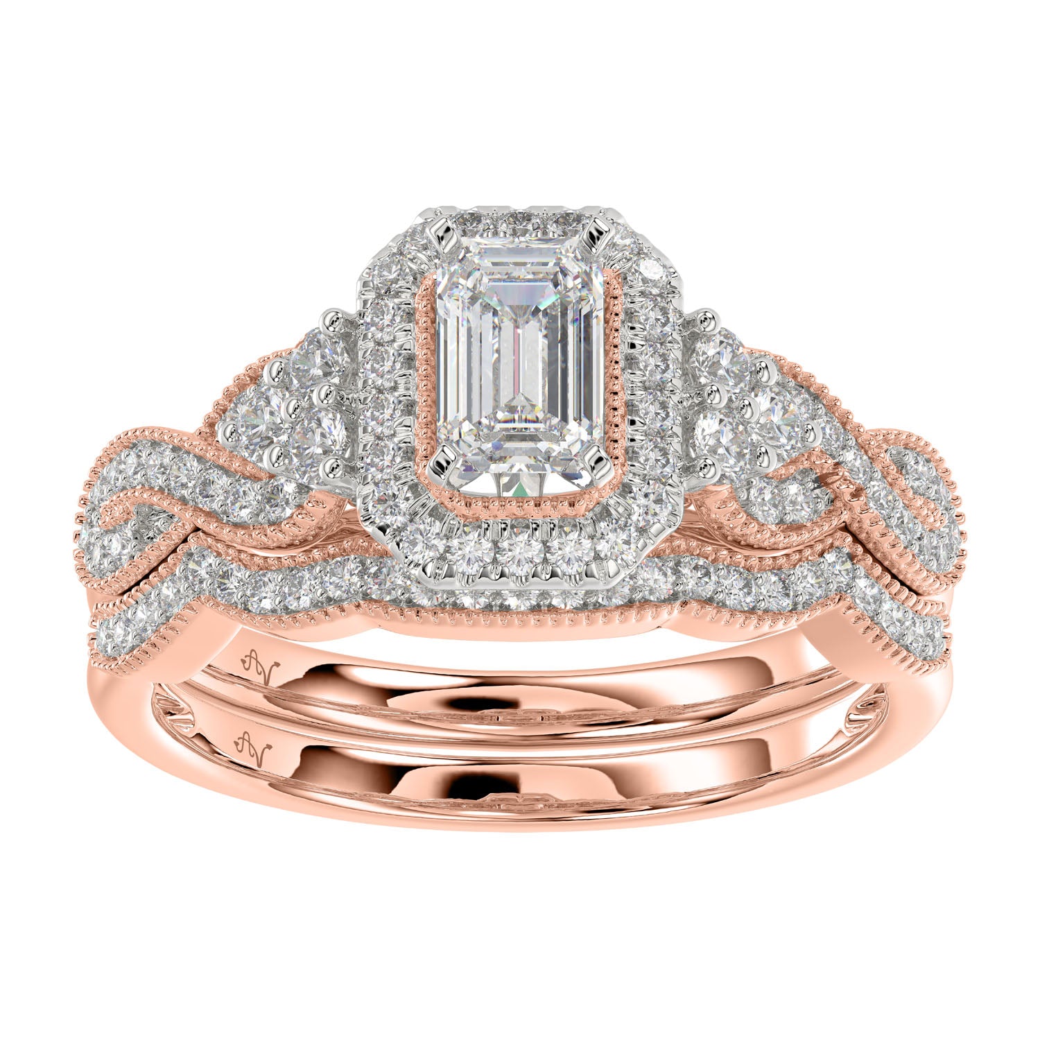 LADIES BRIDAL SET 1.00CT ROUND/EMERALD DIAMOND 14K ROSE GOLD