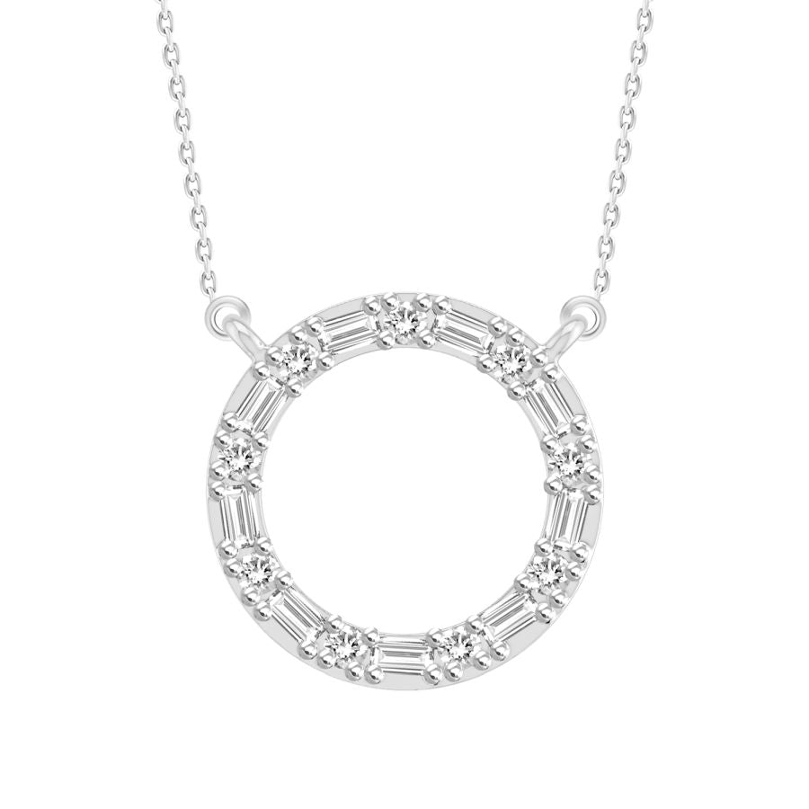 LADIES NECKLACE 0.10CT ROUND/BAGUETTE DIAMOND 10K WHITE GOLD