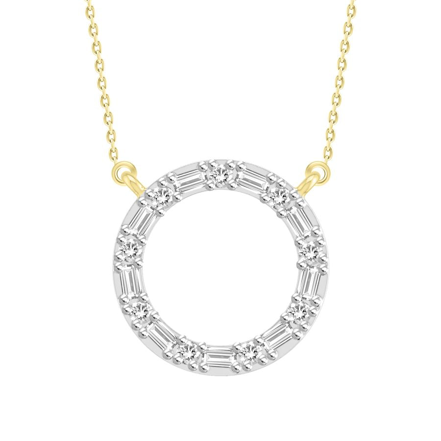 LADIES NECKLACE 0.10CT ROUND/BAGUETTE DIAMOND 10K YELLOW GOLD