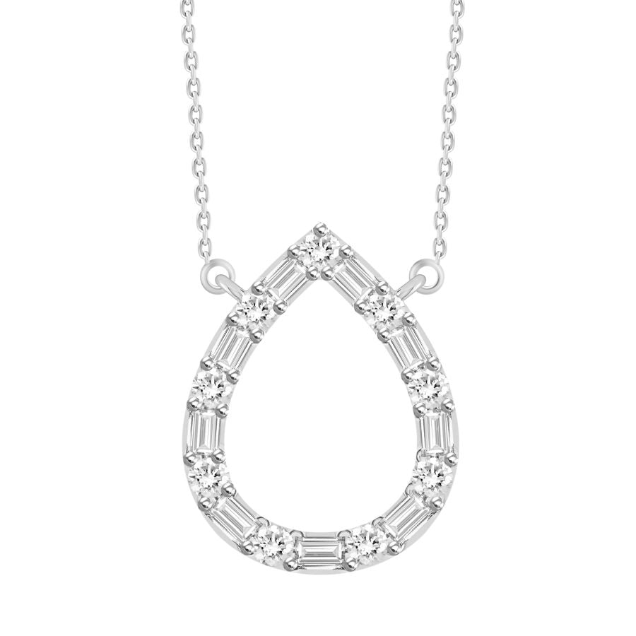 LADIES NECKLACE 0.10CT ROUND/BAGUETTE DIAMOND 10K WHITE GOLD