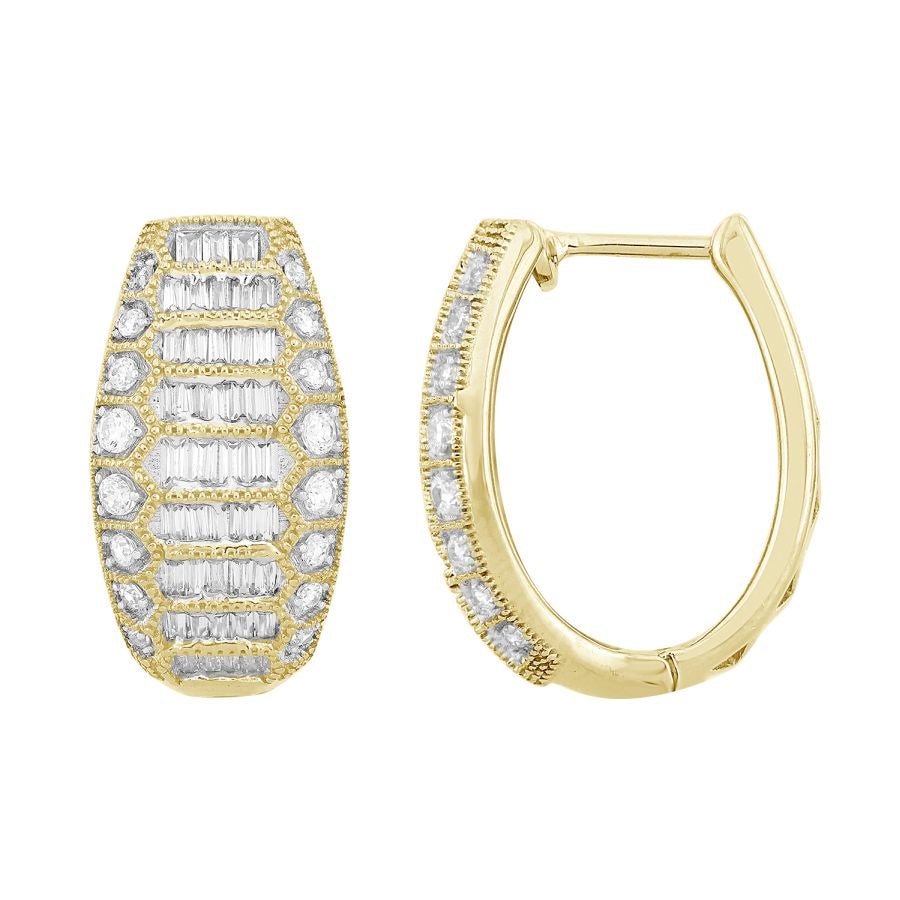 LADIES HOOP EARRINGS 1.00CT ROUND/BAGUETTE DIAMOND 10K WHITE GOLD