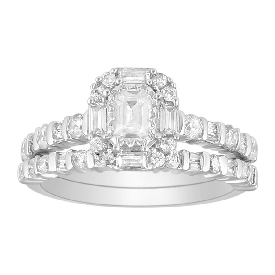 LADIES BRIDAL SET 1.25CT ROUND/BAGUETTE/EMERALD DIAMOND 14K WHITE GOLD (CENTER STONE 0.33CT EMERALD DIAMOND)