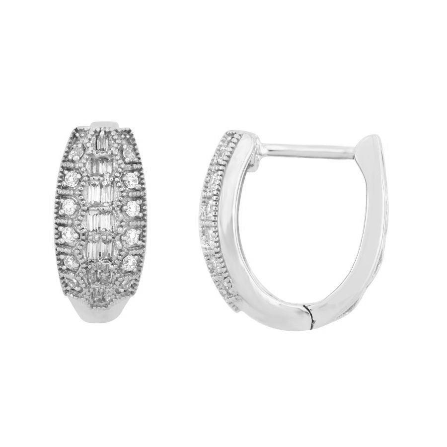 LADIES HOOP EARRINGS 0.50CT ROUND/BAGUETTE DIAMOND 10K WHITE GOLD