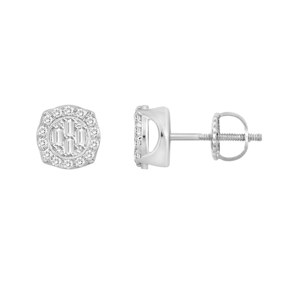 LADIES EARRINGS 0.15CT ROUND/BAGUETTE DIAMOND 10K WHITE GOLD