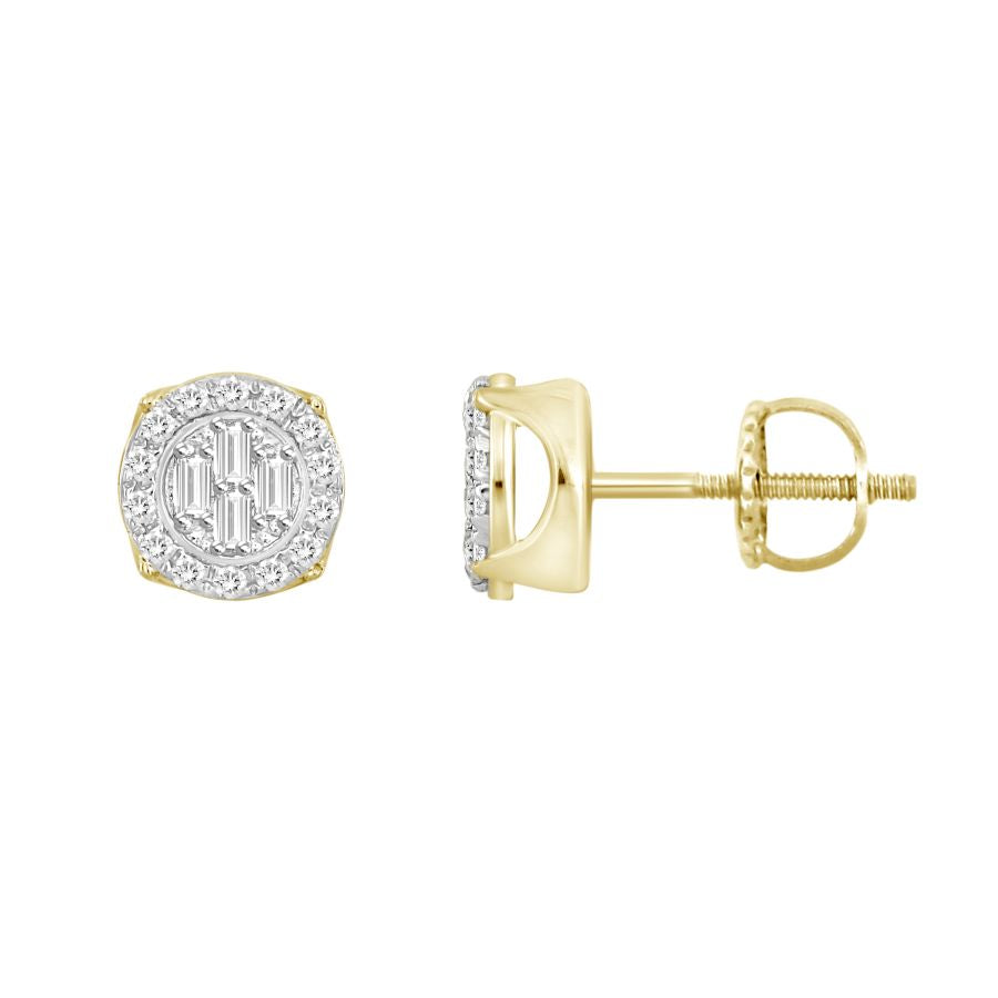 LADIES EARRINGS 0.15CT ROUND/BAGUETTE DIAMOND 10K YELLOW GOLD