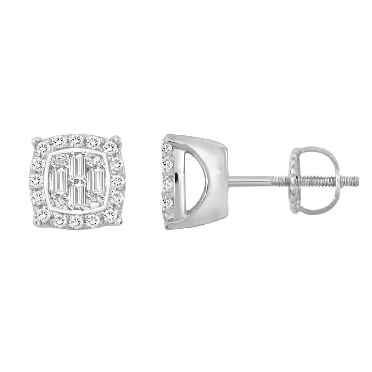 LADIES EARRINGS 0.15CT ROUND/BAGUETTE DIAMOND 10K WHITE GOLD