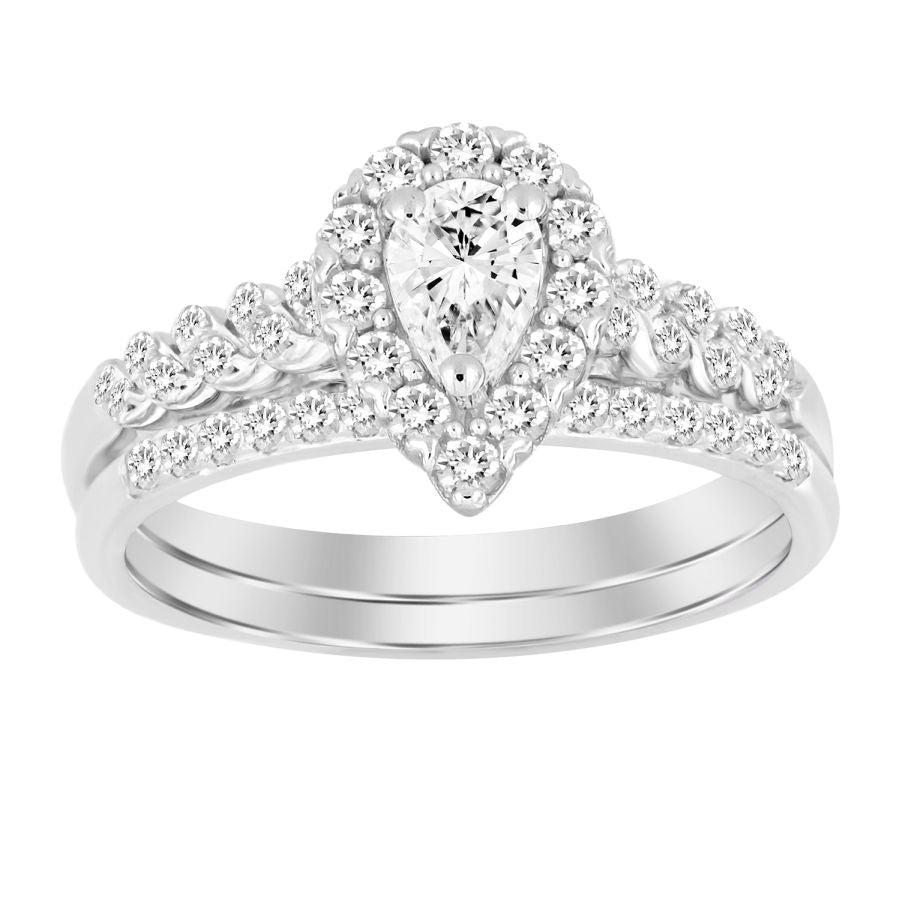 LADIES BRIDAL SET 0.50CT ROUND/PEAR DIAMOND 10K WHITE GOLD