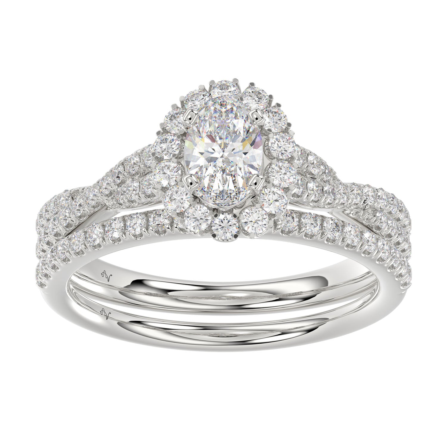 LADIES BRIDAL SET 1.10CT ROUND DIAMOND 14K WHITE GOLD (CENTER STONE 0.50CT OVAL DIAMOND)