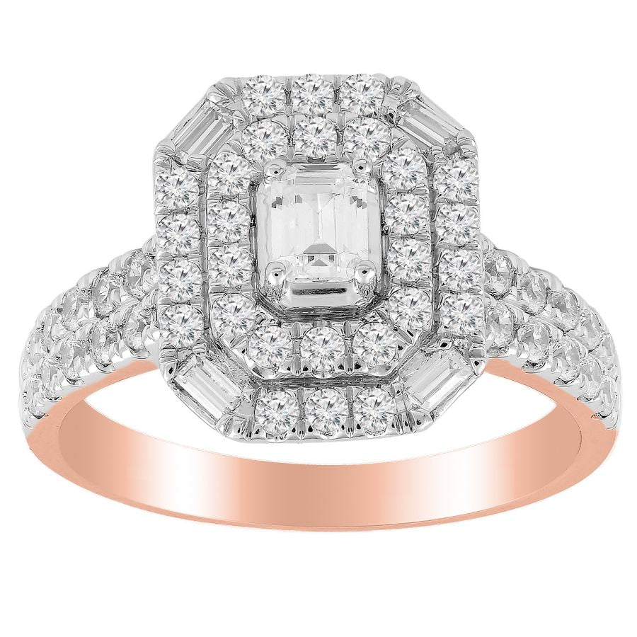 LADIES RING 1.00CT ROUND/BAGUETTE DIAMOND 14K ROSE GOLD (CENTER STONE 0.25CT EMERALD DIAMOND)