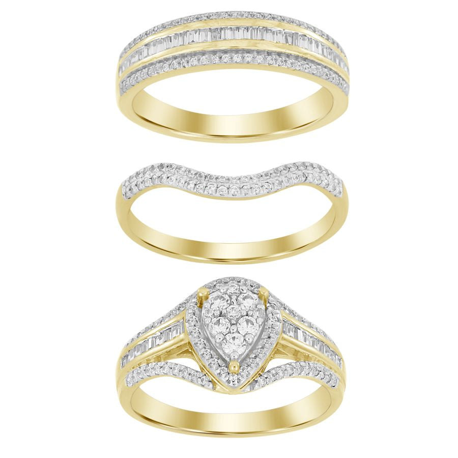 LADIES TRIOS SET 1.00CT ROUND/BAGUETTE DIAMOND 10K YELLOW GOLD