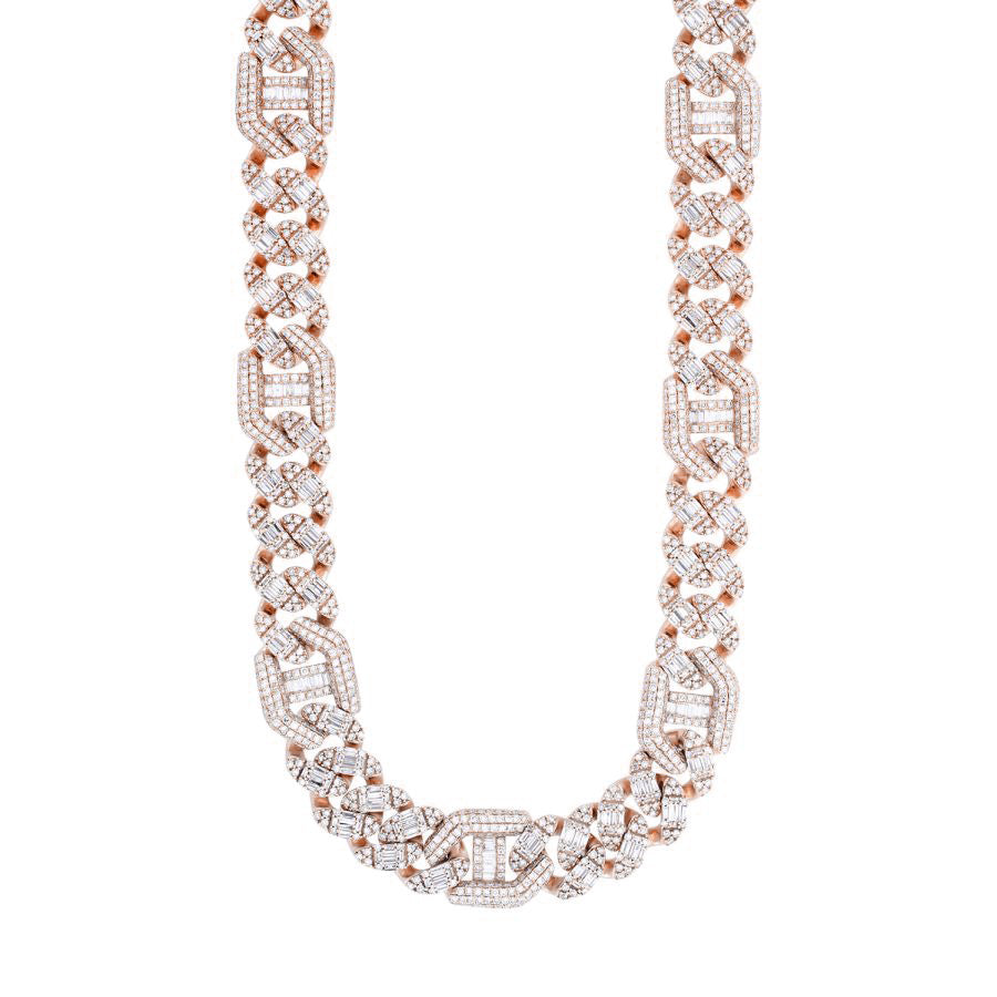 MEN'S NECKLACE 23.80CT ROUND/BAGUETTE DIAMOND 10K WHITE/ROSE GOLD