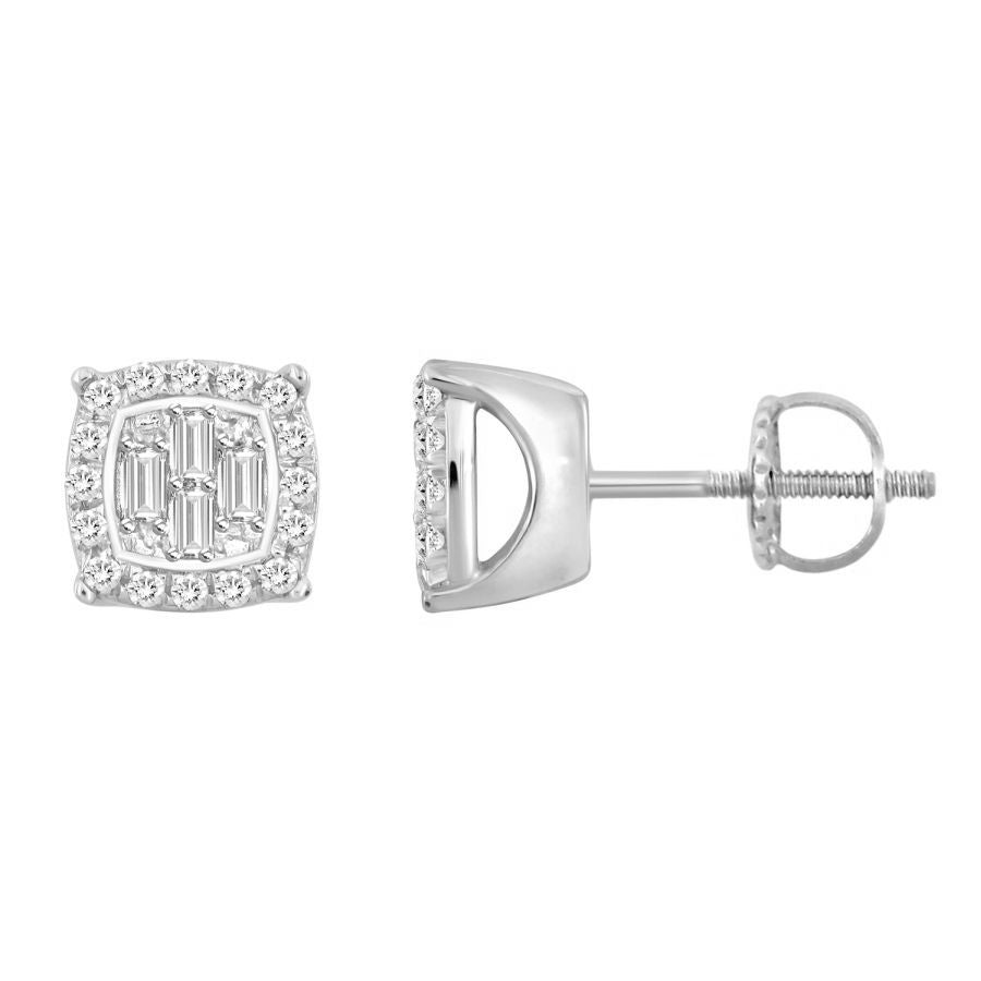 LADIES EARRINGS 0.15CT ROUND/BAGUETTE DIAMOND 14K WHITE GOLD