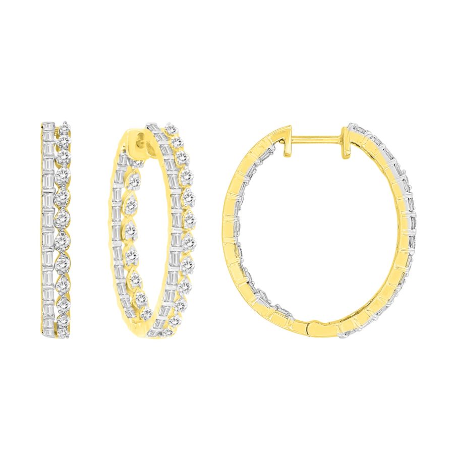 LADIES HOOP EARRINGS 1.00CT ROUND/BAGUETTE DIAMOND 10K YELLOW GOLD