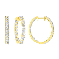 LADIES HOOP EARRINGS 1.00CT ROUND/BAGUETTE DIAMOND 10K YELLOW GOLD