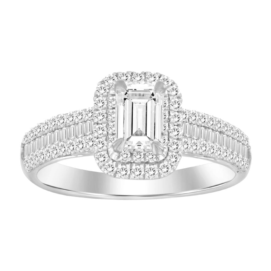 LADIES RING 1.00CT EMERALD/BAGUETTE DIAMOND 14K WHITE GOLD