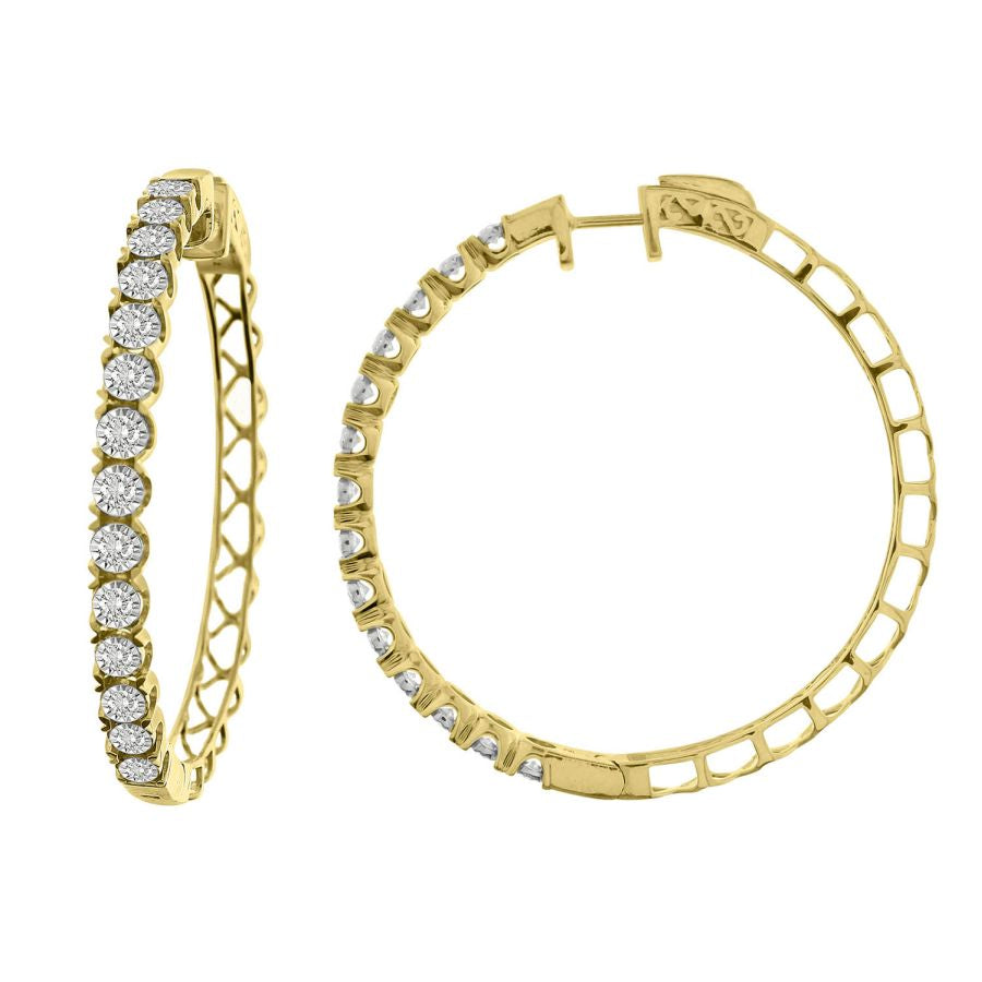 LADIES HOOP EARRINGS 2.00CT ROUND DIAMOND 10K YELLOW GOLD