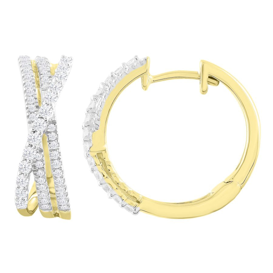 LADIES HOOPS EARRINGS 0.50CT ROUND DIAMOND 14K YELLOW GOLD