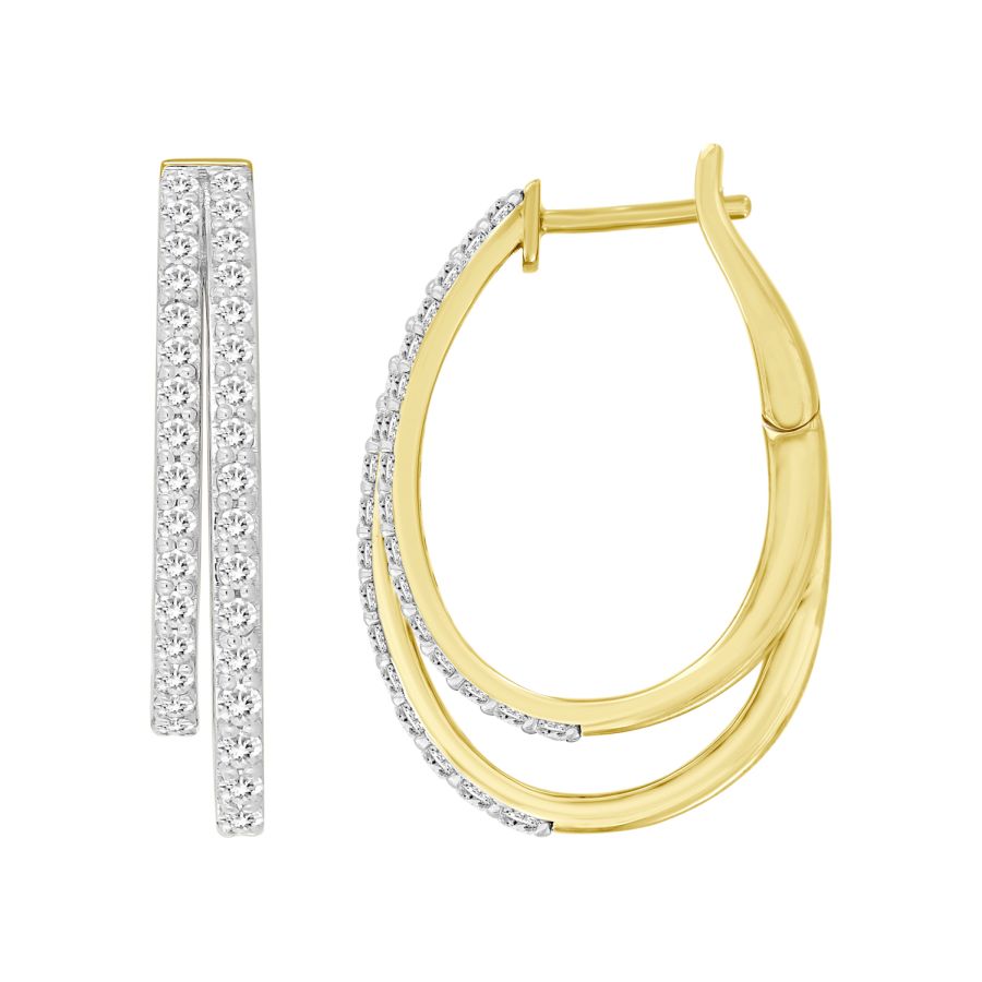 LADIES HOOP EARRINGS 0.75CT ROUND DIAMOND 10K YELLOW GOLD