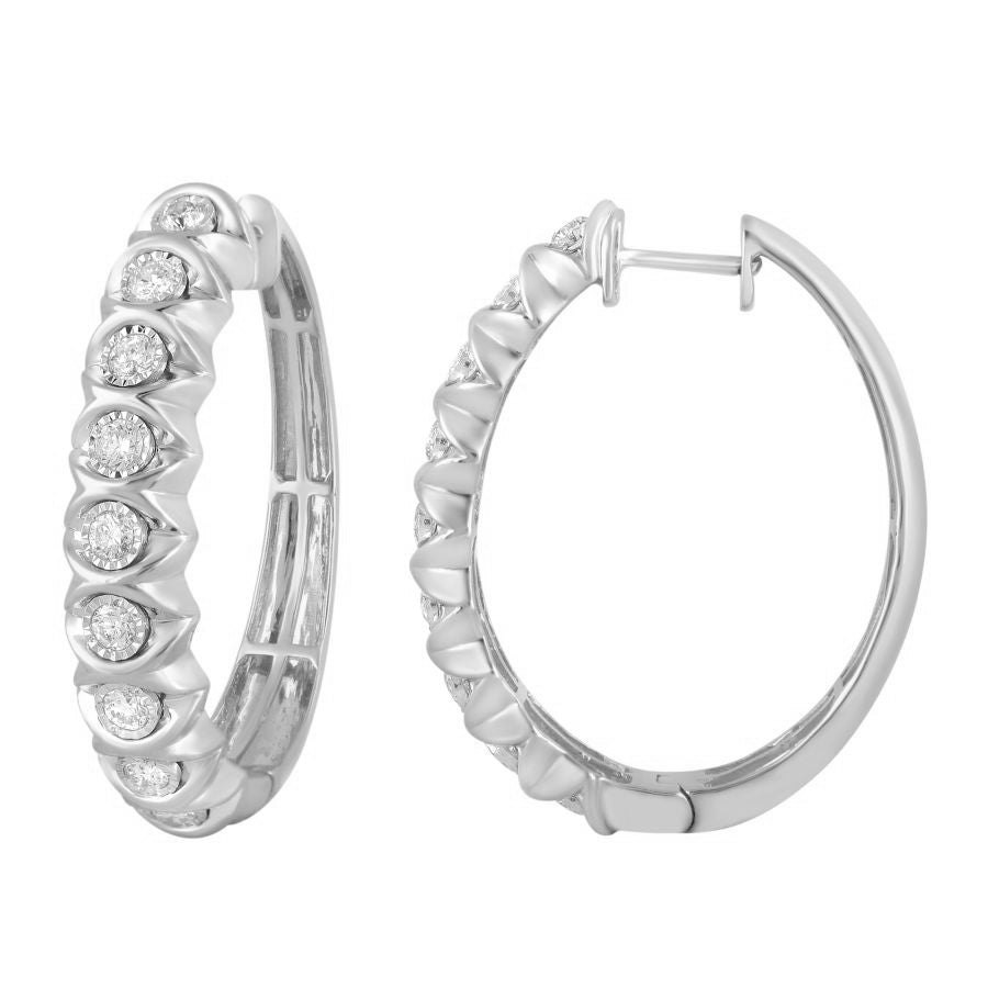 LADIES HOOP EARRINGS 1.00CT ROUND DIAMOND 10K WHITE GOLD