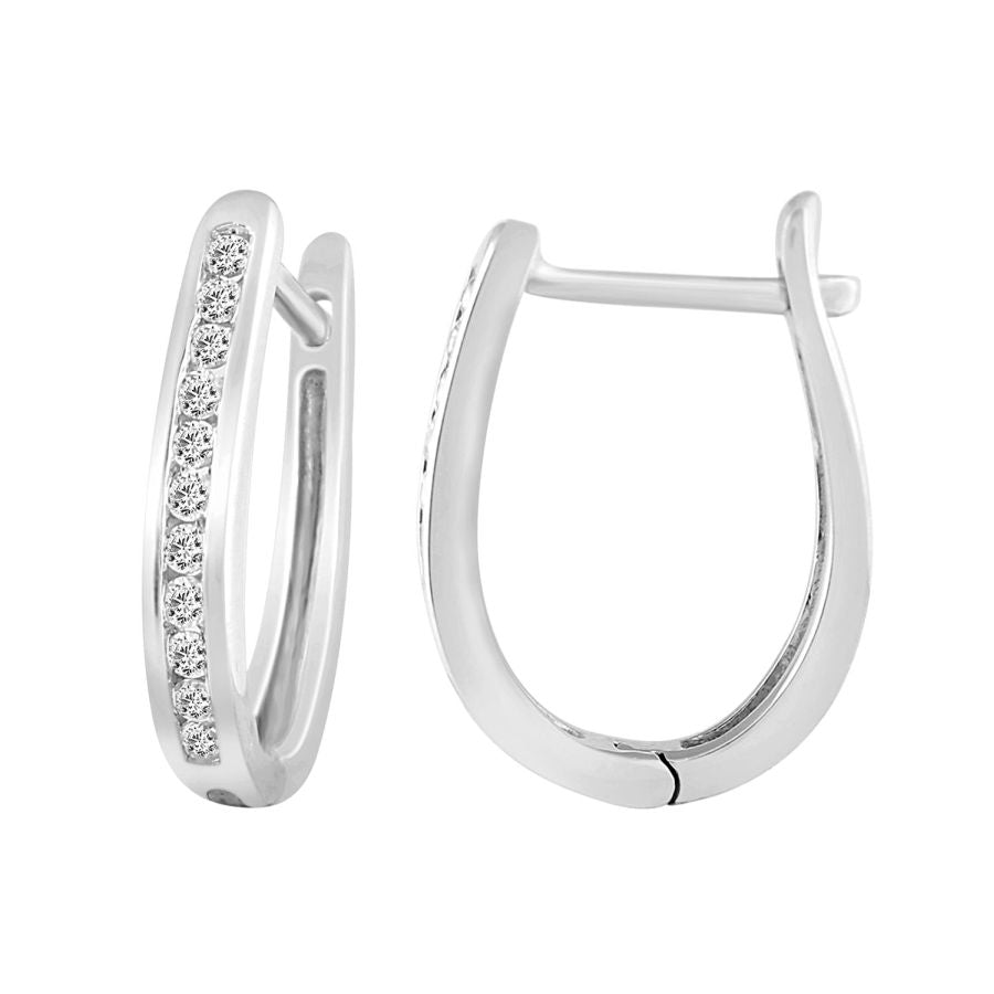 LADIES HOOP EARRINGS 0.20CT ROUND DIAMOND 10K WHITE GOLD