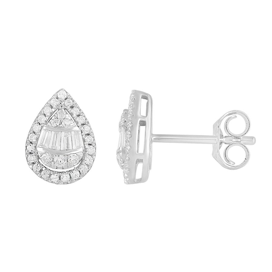 LADIES EARRINGS 0.50CT ROUND/BAGUETTE DIAMOND 10K WHITE GOLD