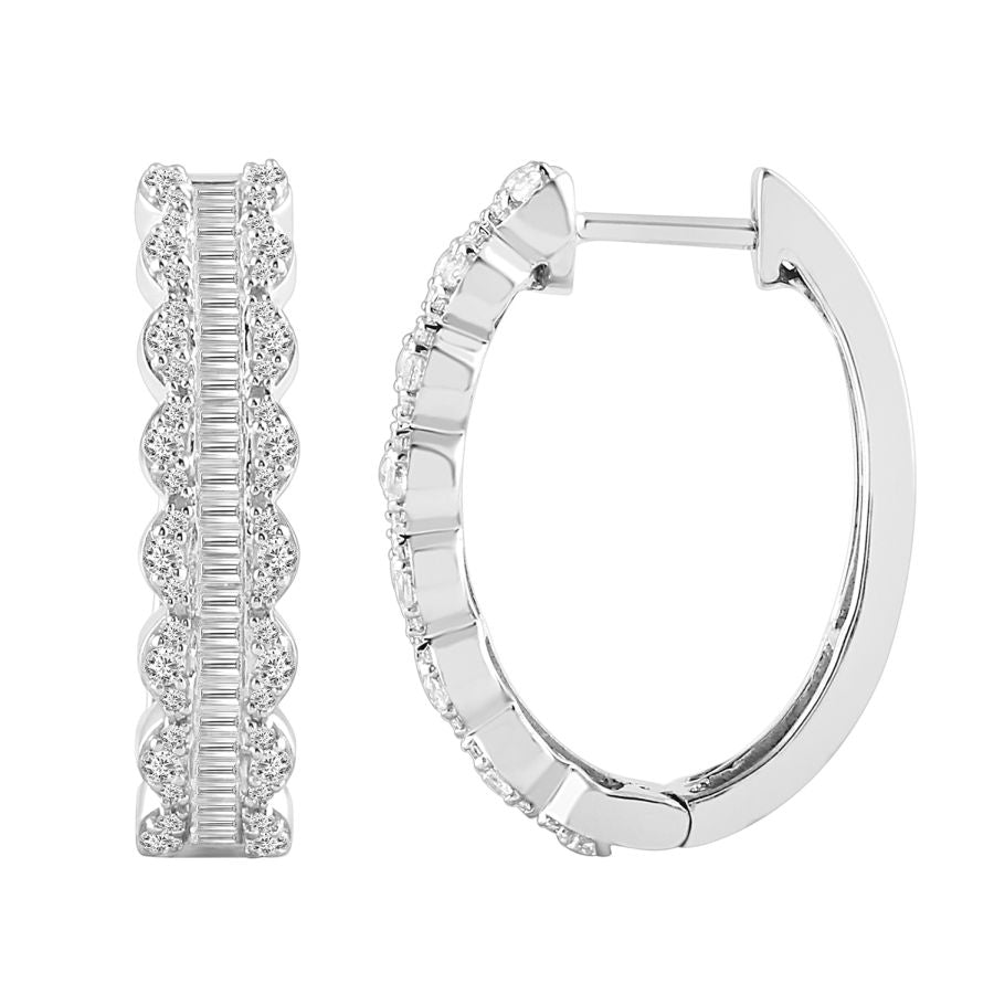 LADIES HOOP EARRINGS 1.00CT ROUND/BAGUETTE DIAMOND 10K WHITE GOLD