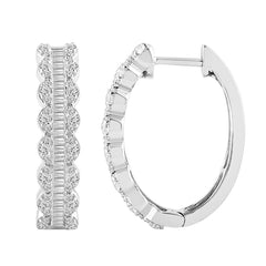 LADIES HOOP EARRINGS 1.00CT ROUND/BAGUETTE DIAMOND 10K WHITE GOLD